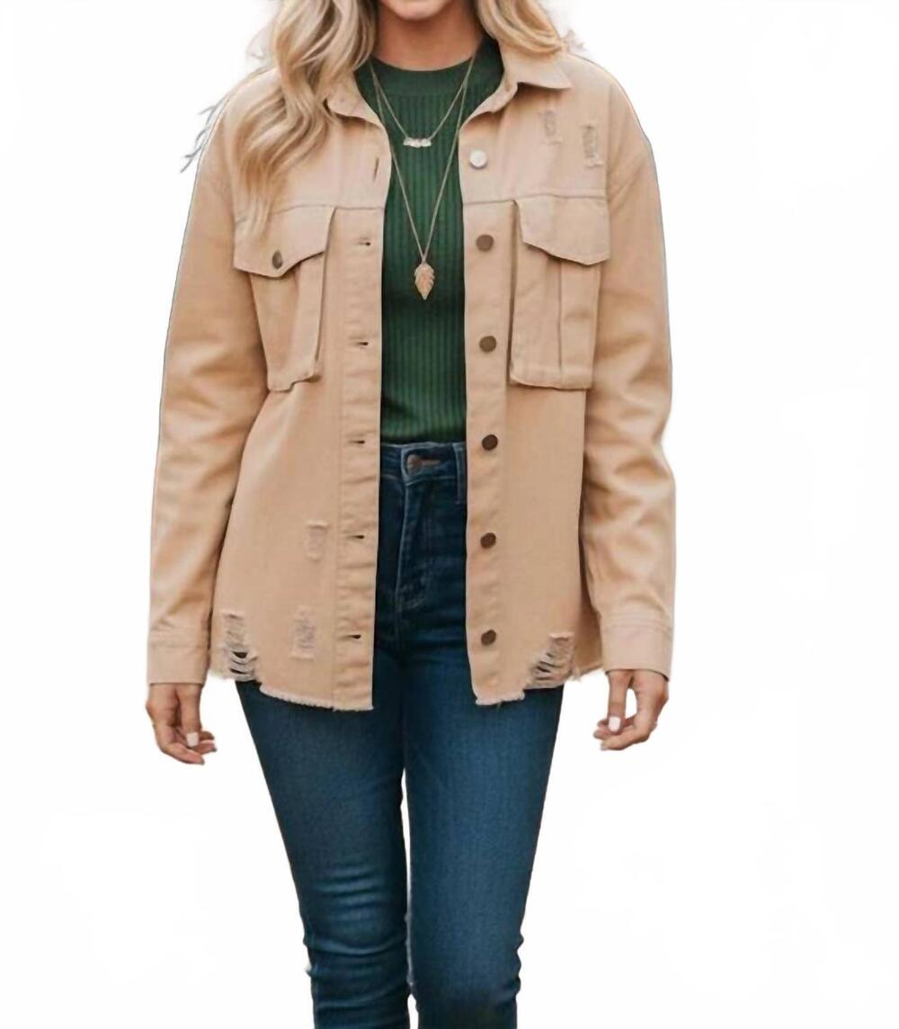 NEW TIMING hanging in there denim jacket in taupe